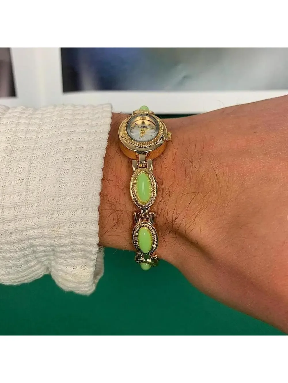 Y2k style Dainty cute Gold style tone quartz watch with lime green jade stone op